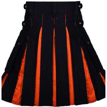 Black Modern Kilt & Orange Pleats Leather Straps For Men
