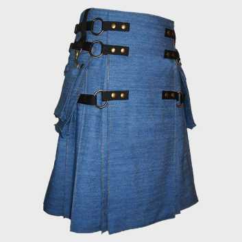 Blue Denim Cargo Fashion Utility Kilt For Men